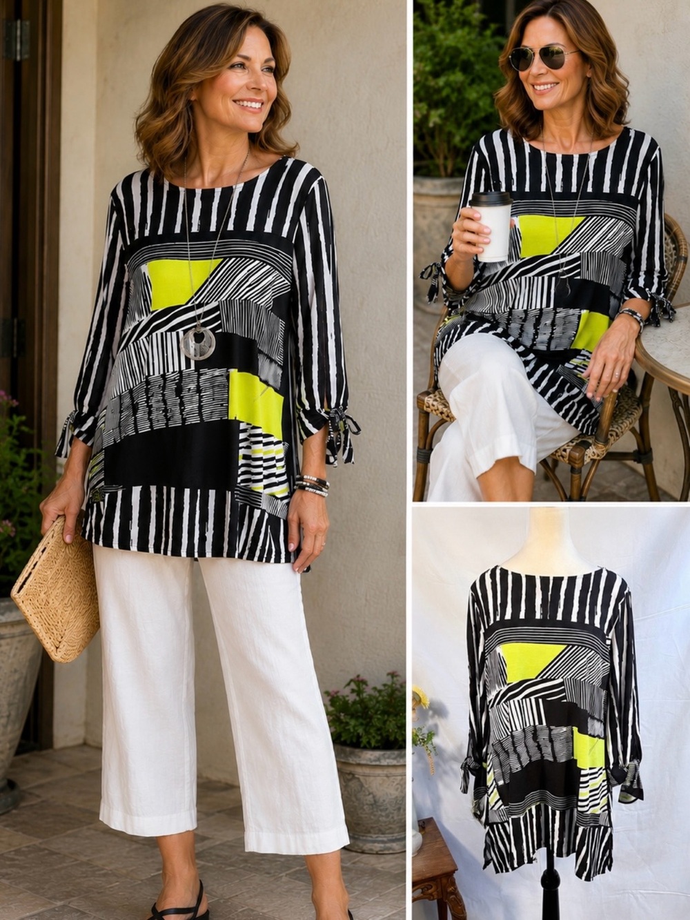 IC by Connie K Abstract Stripe Wearable Art Tunic Tie Sleeve Top USA Sz M🧡